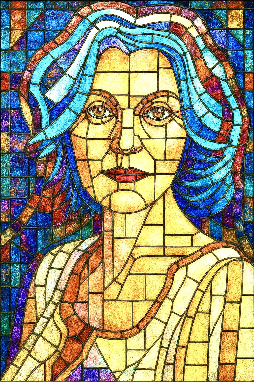 Portrait de Marie Christine en vitrail à la chevelure bleue