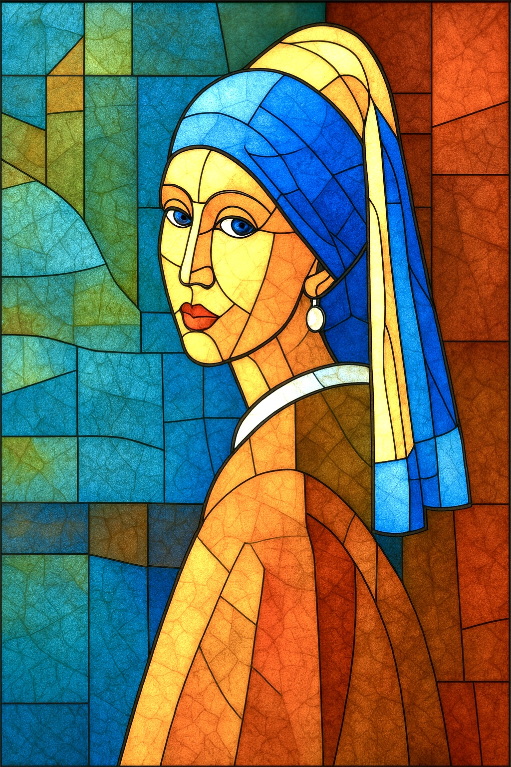 Jeune Fille à la perle — variation en style vitrail