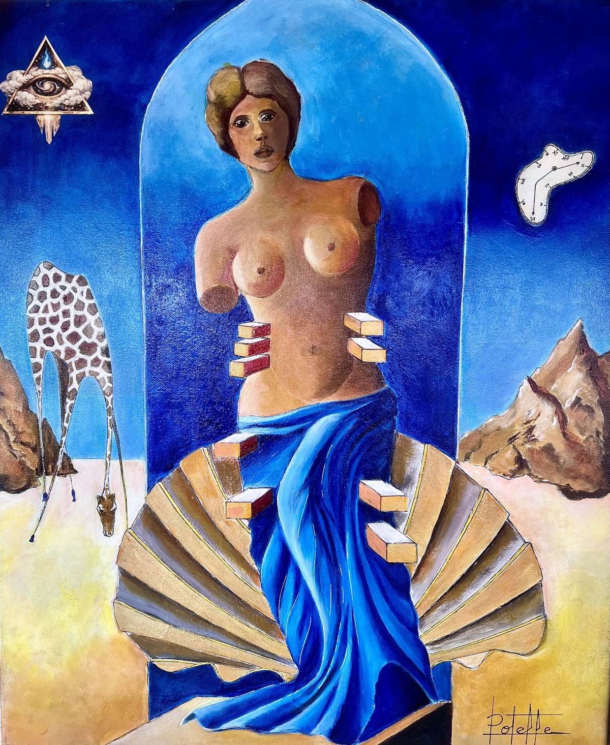 Peinture surréaliste avec la Vénus, montre molle et girafe par Potelle